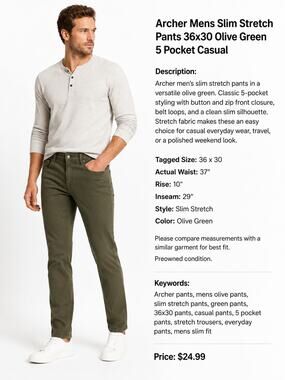 S215 Archer Mens Slim Stretch Pants 36x30 Olive Green 5 Pocket Casual